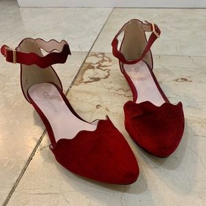 Velvet Scallop Flats with Ankle Strap